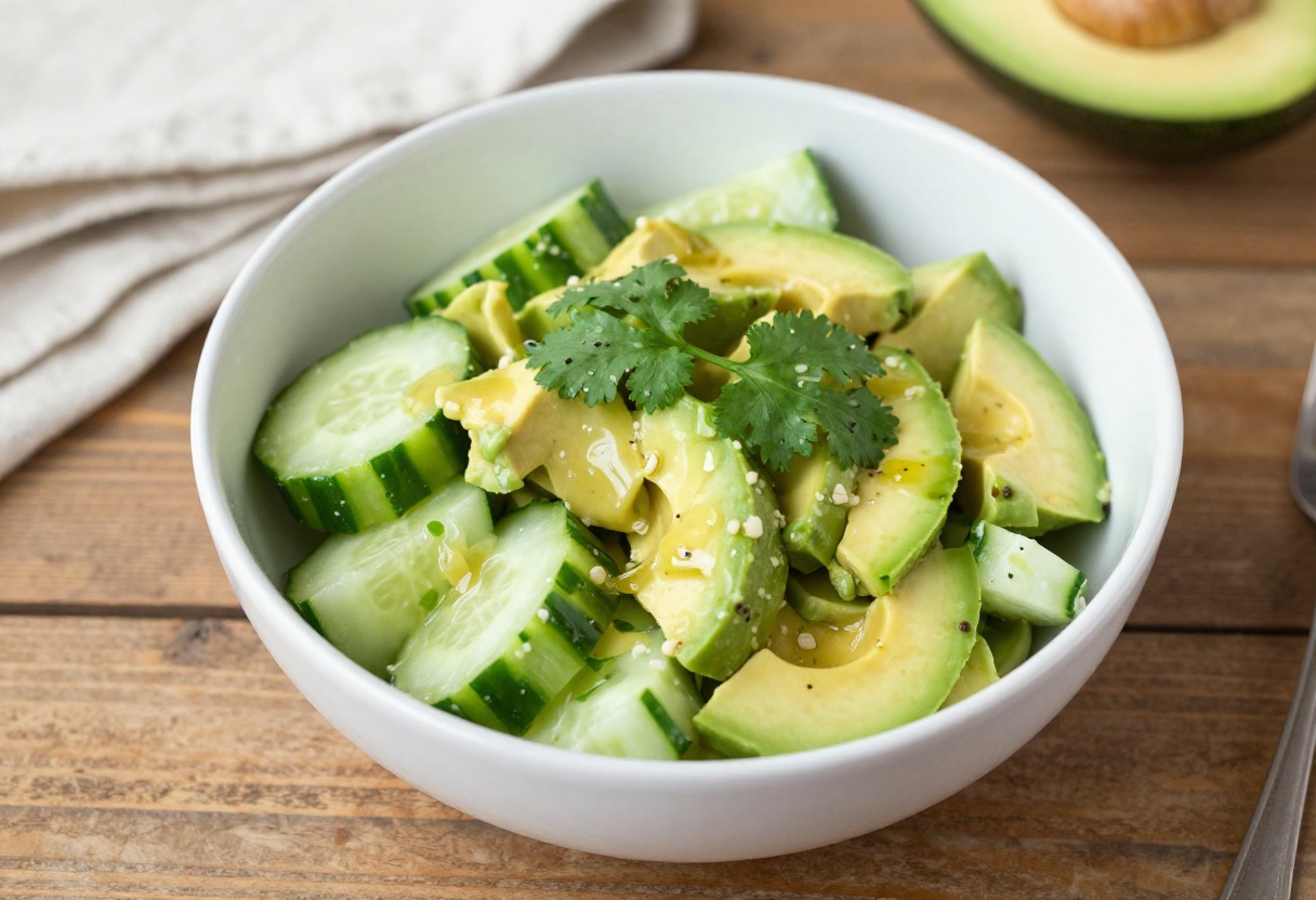 Fresh avocado cucumber salad with lime dressing in a white bowl