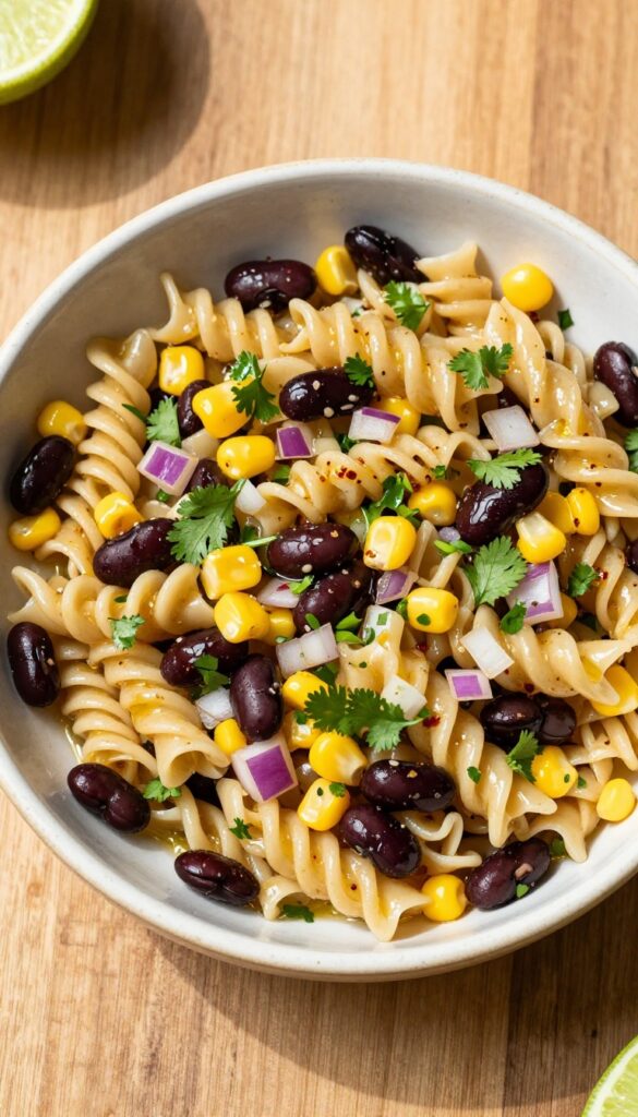 Bowl of smoky chipotle black bean pasta salad with whole wheat rotini, black beans, corn, red onion, and cilantro.