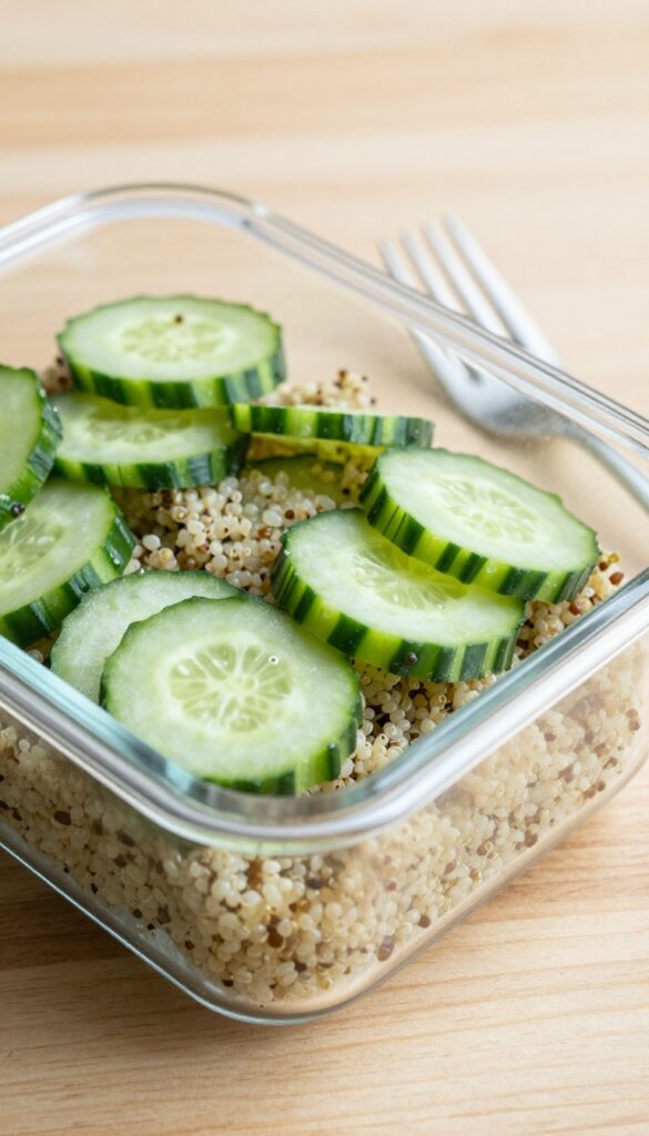 Quinoa and herbs cucumber salad in a glass meal prep container with a fork.