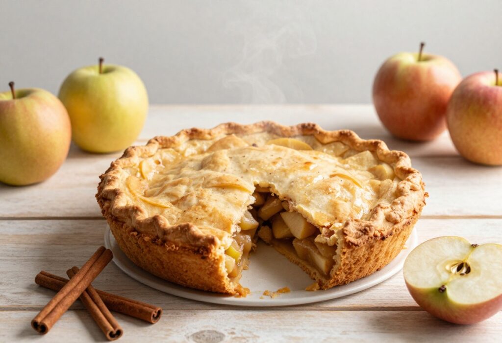 A freshly baked apple cinnamon pie on a rustic wooden table, with steam rising and natural light highlighting the flaky crust and tender filling, representing classic pie dessert recipes.