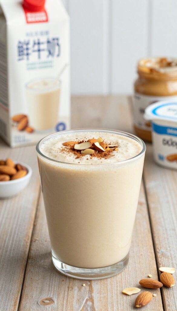 Creamy vanilla almond smoothie in a glass with cinnamon and almond garnish on a wooden table