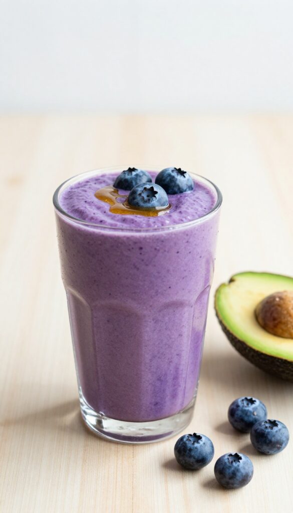 Avocado blueberry smoothie in a glass with honey drizzle and fresh blueberries on a wooden table