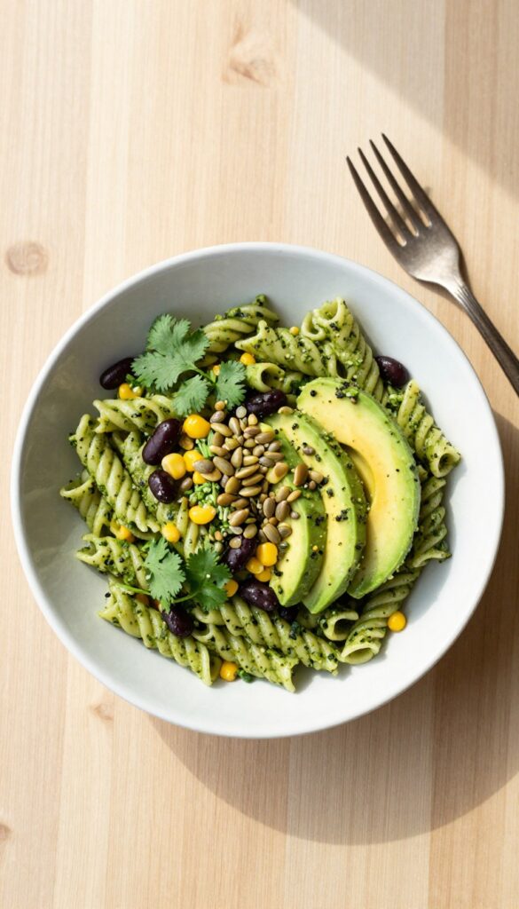 Cilantro lime pesto pasta salad with black beans, corn, and avocado in a bowl on a wooden table