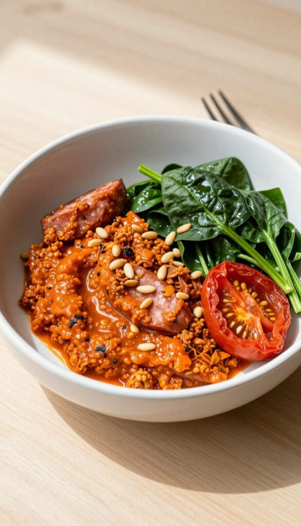 Roasted red pepper pesto pasta salad with sausage and spinach in a white bowl