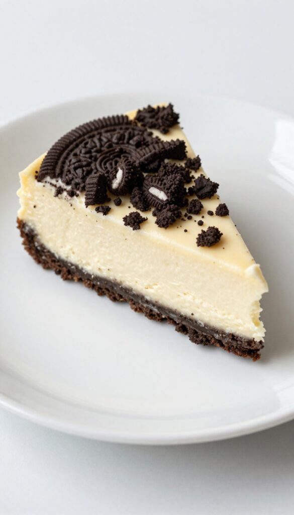A slice of no-bake Oreo cheesecake bar on a white plate, showing dark crust and creamy filling with crushed Oreo topping.