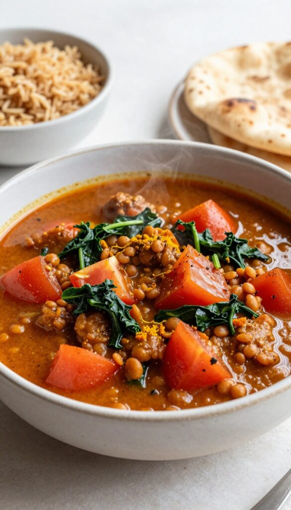 A close-up, photorealistic image of a hearty lentil vegetable curry in a bowl, showcasing its thick texture with red lentils, tomatoes, and greens, served with brown rice, in bright natural light for a healthy, comforting blog visual.