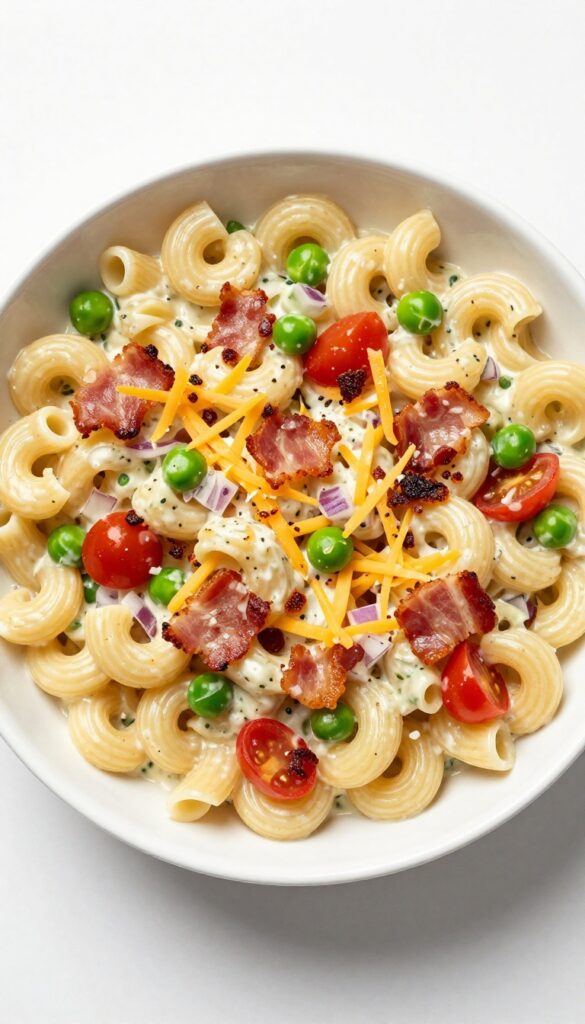 Creamy bacon ranch pasta salad in a white bowl with bacon and cheddar garnish.