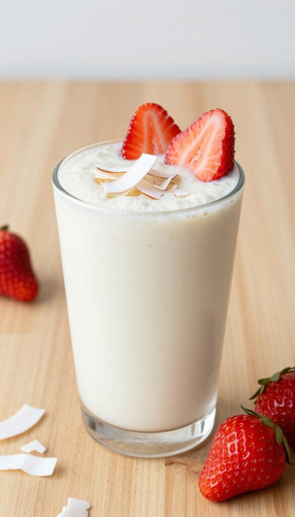 A creamy strawberry coconut smoothie in a glass with fresh strawberry slices and shredded coconut garnish