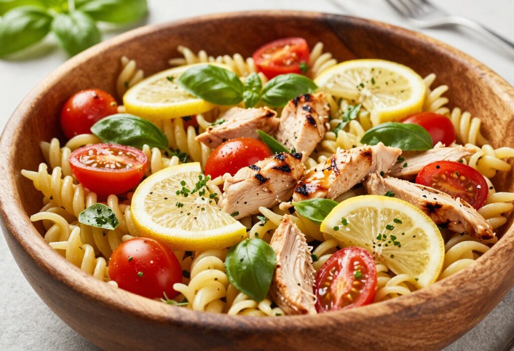 Cold chicken pasta salad in a wooden bowl with tomatoes and basil