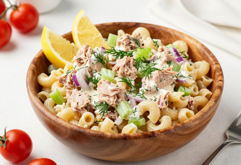 Overhead view of a creamy tuna pasta salad in a wooden bowl with dill and lemon garnish