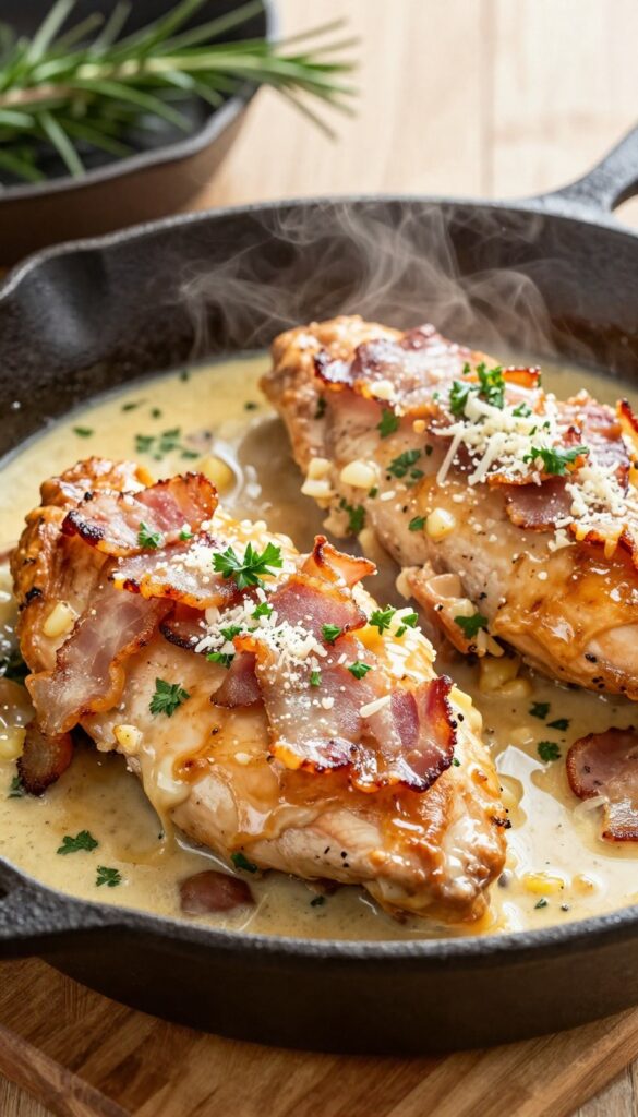 Creamy bacon garlic chicken skillet with crispy bacon crumbles and parsley, served in a cast iron pan on a wooden table.