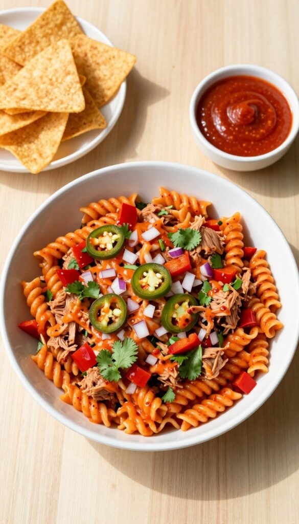 Spicy sriracha tuna pasta salad in a bowl with jalapeño slices and tortilla chips on a wooden table