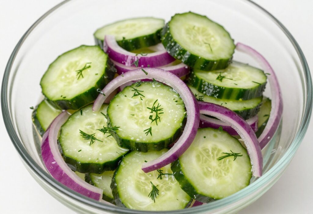 Marinated onion cucumber salad in a glass bowl with fresh dill