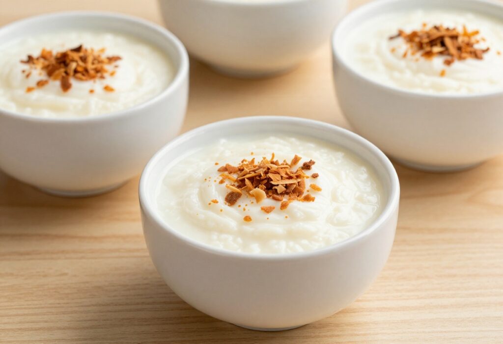 A creamy coconut milk rice pudding in a bowl, showcasing rich and smooth texture with natural lighting, representing indulgent dairy-free desserts.