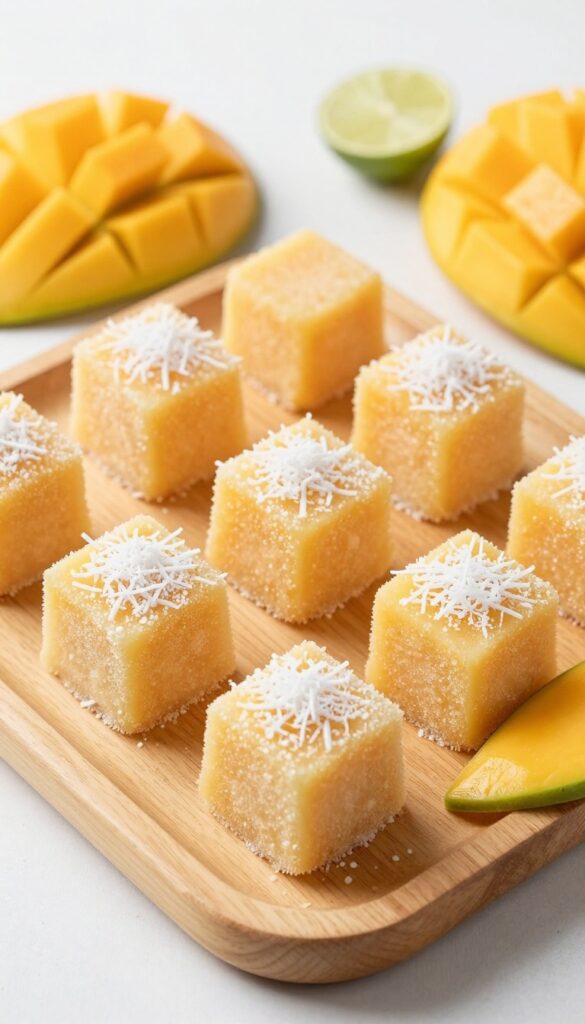 Frozen coconut mango bites on a wooden tray with fresh mango and lime