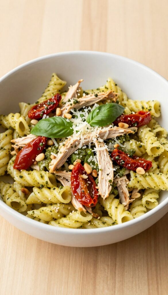 Pesto chicken pasta salad with sun-dried tomatoes and pine nuts in a white bowl on a wooden table.