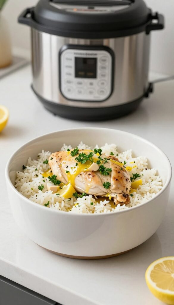 A close-up view of Instant Pot lemon herb chicken and rice, showing tender chicken pieces and fluffy rice with parsley and lemon zest, in a bright, clean kitchen setting.