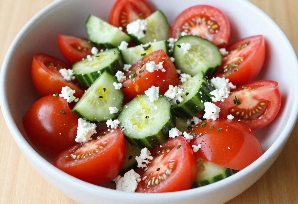 Fresh tomato cucumber feta salad with herbs in a white bowl