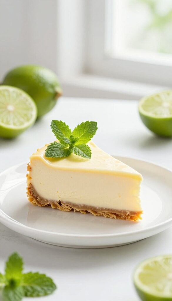 A slice of lime cheesecake with lime wedges and mint leaves on a white plate, illustrating the balance of sweetness and acidity in lime desserts.