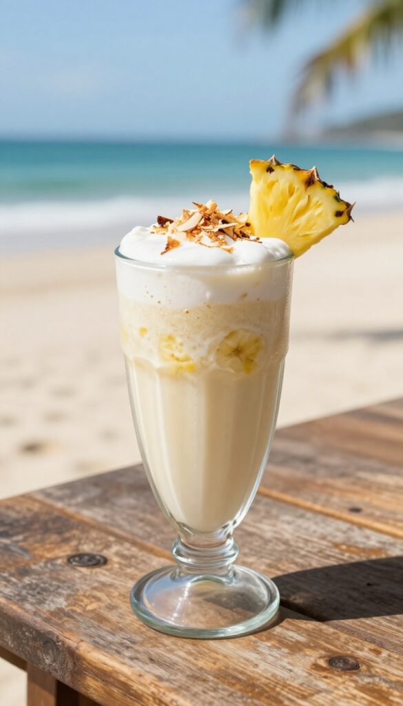 A creamy coconut dream smoothie in a glass on a wooden table by a beach, garnished with toasted coconut flakes and pineapple slice, under bright natural light.