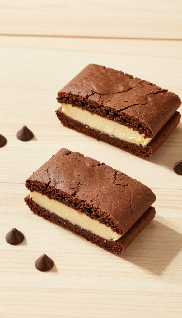 Brownie ice cream sandwiches on a wooden table with chocolate chips
