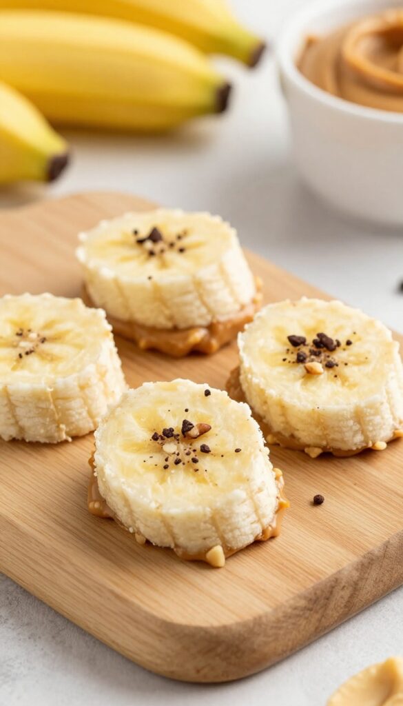 Two frozen banana and peanut butter bites on a wooden board, one topped with crushed nuts and cocoa nibs, with a bowl of peanut butter and banana slices in the background.