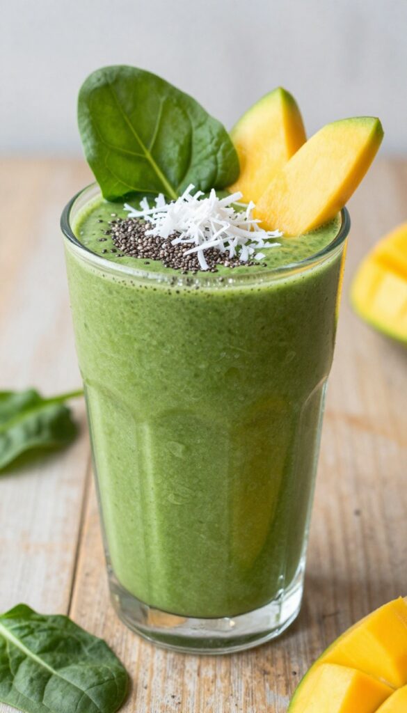 A vibrant green smoothie in a glass, garnished with shredded coconut, chia seeds, spinach leaves, and mango slices on a wooden table.