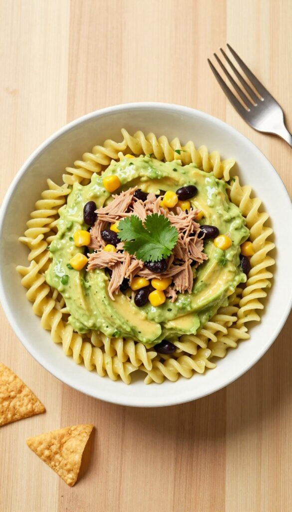 Creamy avocado tuna pasta salad in a white bowl with corn and black beans