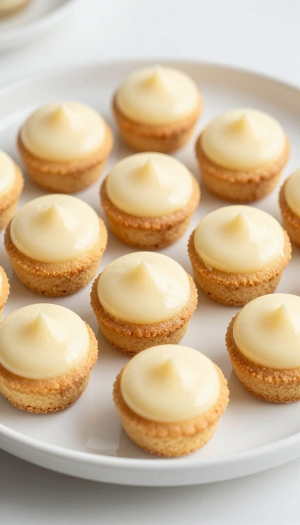 Individual biscuit cheesecake cups with creamy filling and buttery base, arranged on a white plate in natural light.