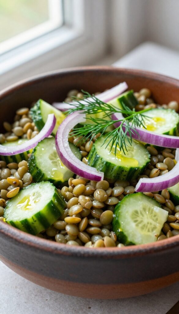 A photorealistic image of a hearty lentil and cucumber salad, featuring cooked lentils, crisp cucumbers, red onion, and fresh dill in a rustic bowl, with a light vinegar dressing, under natural light.