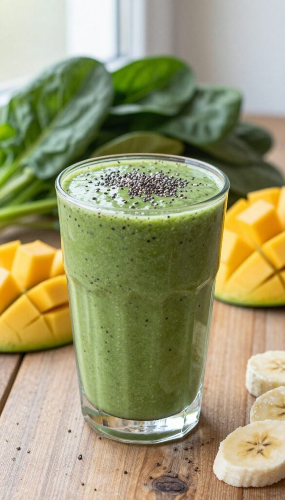 A vibrant green chia seed smoothie with spinach and mango in a clear glass on a wooden table, surrounded by fresh ingredients like spinach leaves, banana slices, and mango chunks.