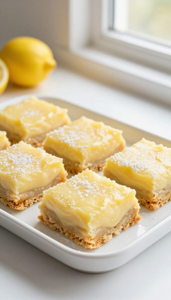 Freshly baked lemon bars with a golden shortbread base and pale yellow lemon filling, dusted with powdered sugar, arranged on a white plate in bright natural light.