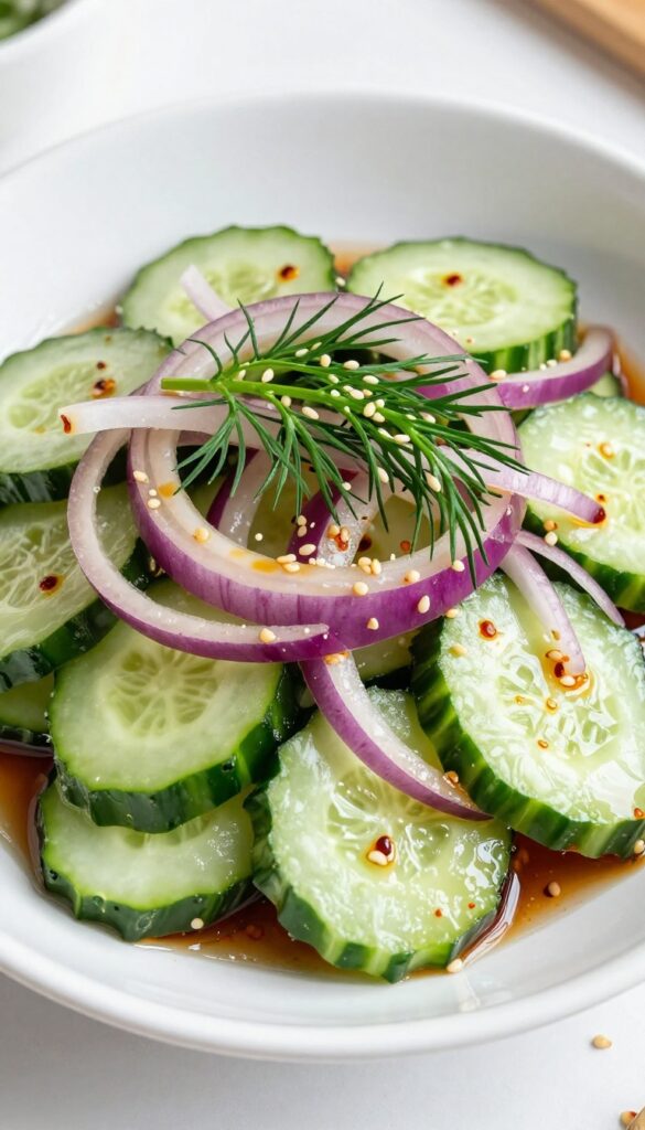 A vibrant bowl of spicy Asian-style cucumber salad with sesame crunch, featuring thinly sliced cucumbers and red onions in a glossy dressing with chili flakes and toasted sesame seeds, garnished with fresh dill.
