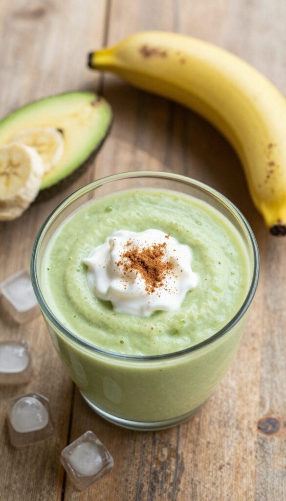 Creamy avocado banana smoothie in a glass with cinnamon on top, surrounded by fresh ingredients on a wooden table