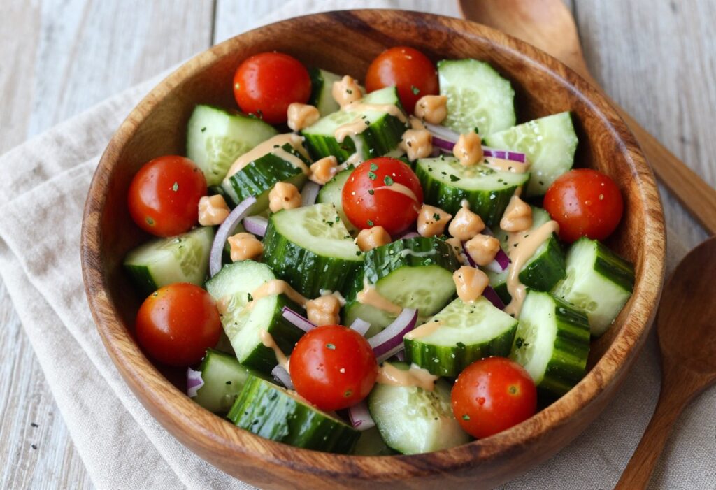 Overhead view of a high-protein cucumber salad with chickpeas and tahini dressing in a wooden bowl