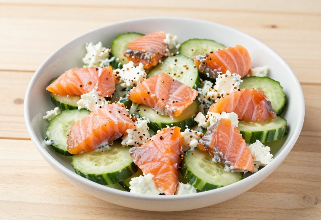 Salmon cream cheese cucumber salad with everything bagel seasoning in a white bowl, garnished with fresh dill.