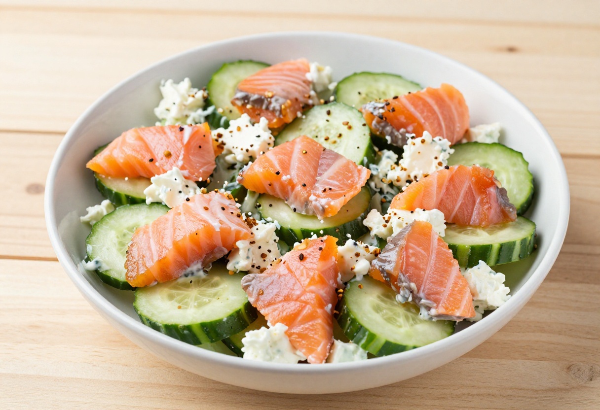 Salmon cream cheese cucumber salad with everything bagel seasoning in a white bowl, garnished with fresh dill.
