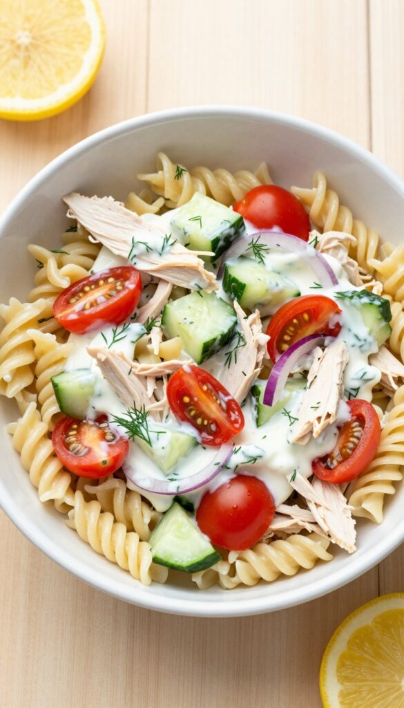 Greek yogurt chicken pasta salad with dill in a white bowl on a wooden table, garnished with fresh dill and lemon slices.