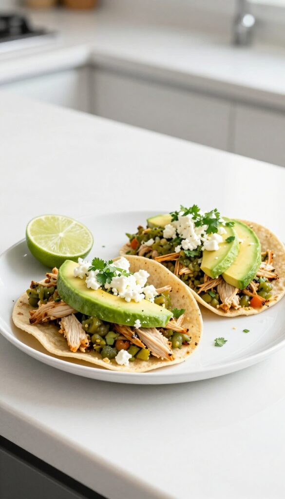 A plate of Instant Pot salsa verde chicken tacos with avocado and queso fresco, ready to serve