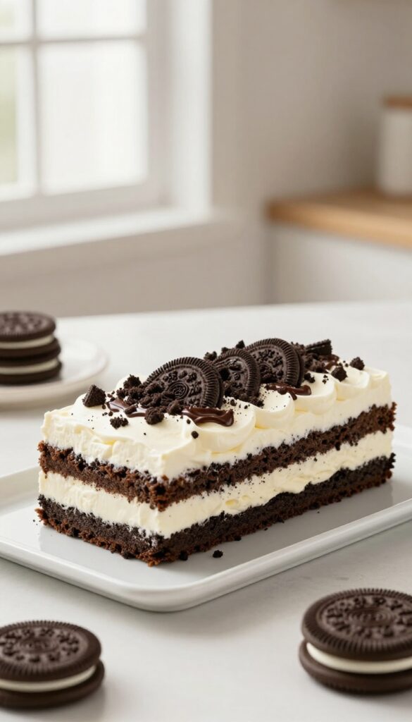 A slice of Oreo icebox cake showing soft layers of cookies and cream, topped with crumbs and chocolate sauce, in natural light.