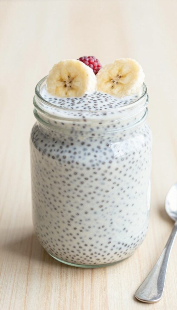 Coconut milk chia pudding in a glass jar with berries and banana slices on top, showcasing a creamy and appetizing dessert.