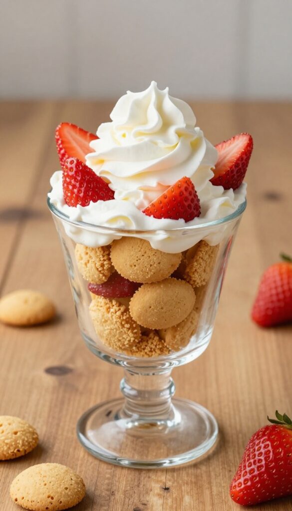 A glass cup with layered strawberry biscuit dessert, featuring crushed biscuits, whipped cream, and fresh strawberries, set on a wooden table in natural light.