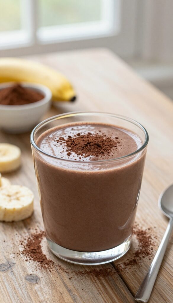 A creamy chocolate banana smoothie in a glass with cocoa powder topping, surrounded by fresh bananas and cocoa powder on a wooden table.