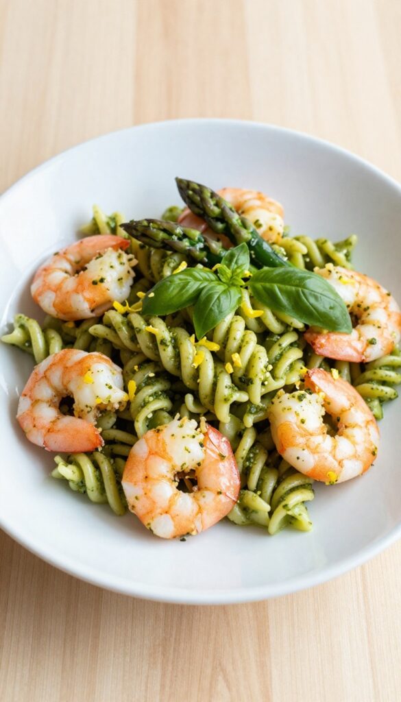 Chilled lemon basil pesto pasta salad with shrimp and asparagus in a white bowl on a wooden table