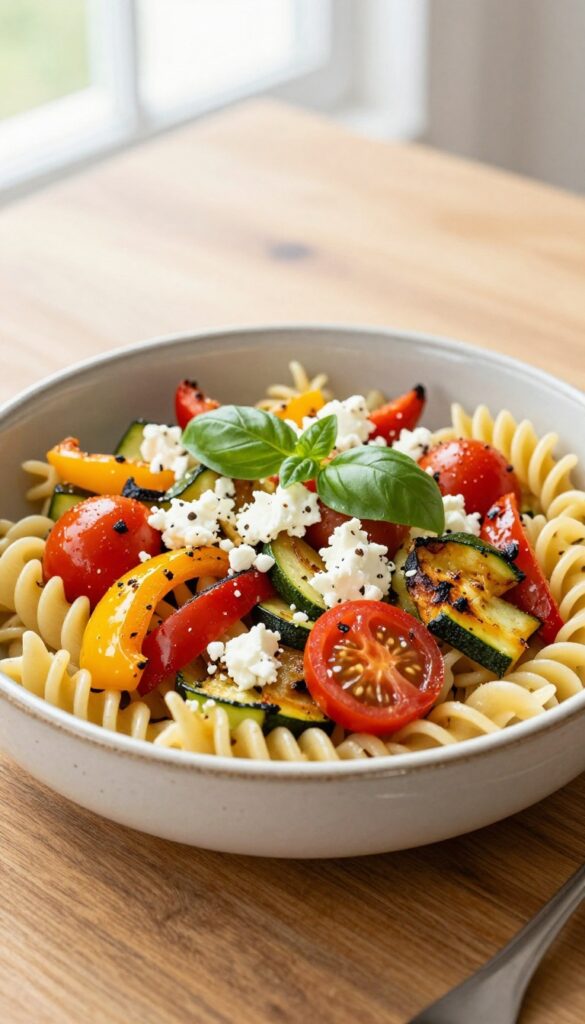 Roasted vegetable and goat cheese fusilli pasta salad in a bowl