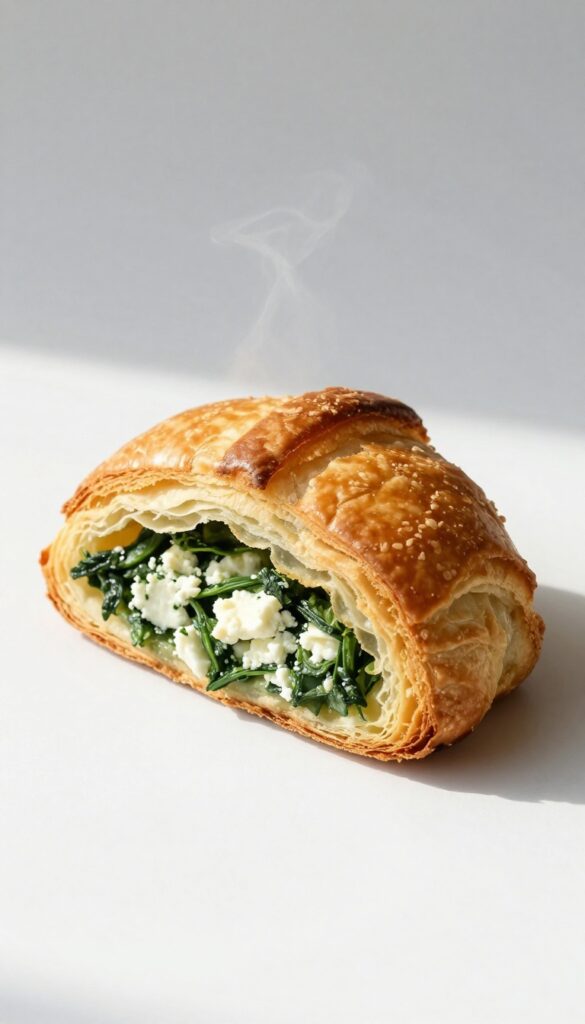 A close-up of a baked spinach and feta crescent roll square, showcasing its flaky pastry and creamy filling in natural light.