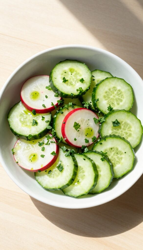 Cucumber and radish salad with herb vinaigrette in a white bowl on a wooden table