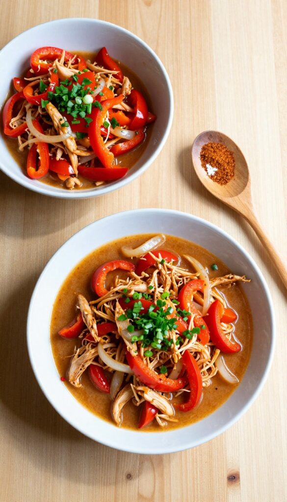 Cajun crockpot chicken with peppers and onions in a white bowl on a wooden table, garnished with parsley and green onions, natural light.