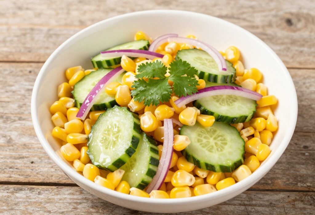 Sweet corn cucumber salad with lime in a white bowl on a wooden table