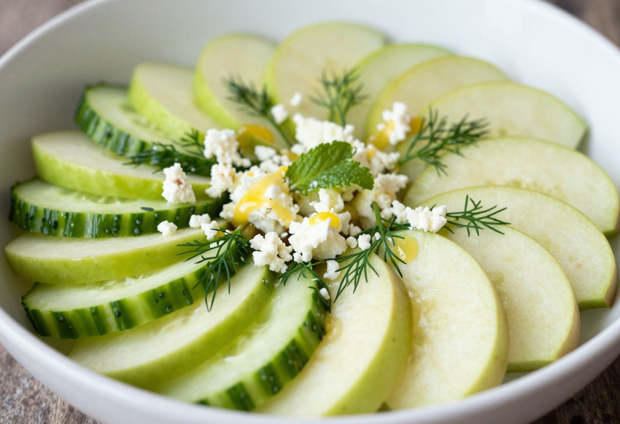 Crisp apple cucumber salad with feta and herbs in a white bowl